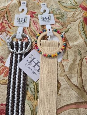 2 Haute Hippie Cream Woven Belt with Multicolor Beaded Ring & Brown And Silver